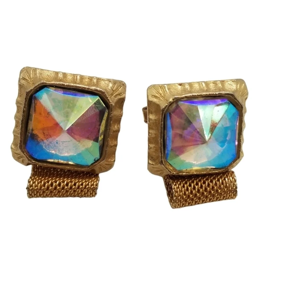 VINTAGE GOLDTONED & LARGE AURORA BOREALIS CRYSTAL STATEMENT CUFFLINKS